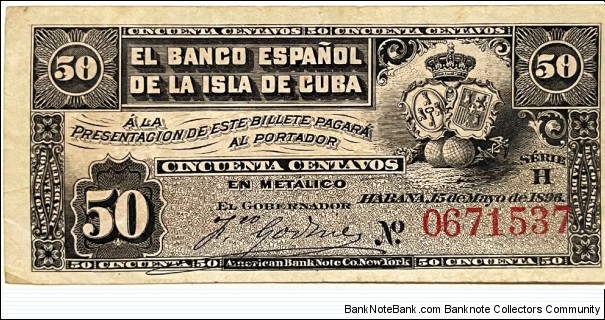 50 Centavos (El Banco Espanol de la Isla de Cuba - 1896)  Banknote