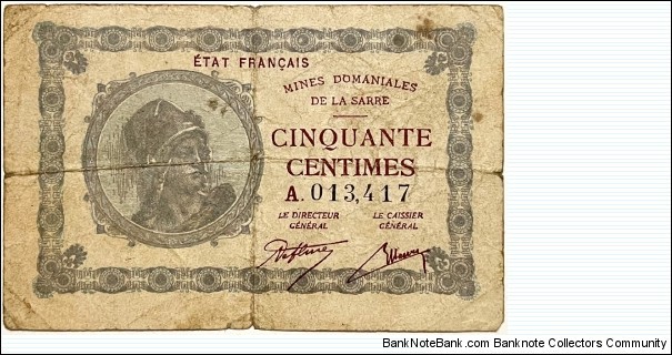 50 Centimes (League of Nations mandate - Sarre / SAAR 1919) Banknote