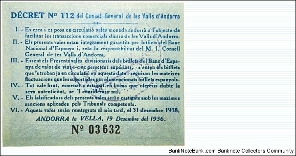 Banknote from Andorra year 1936