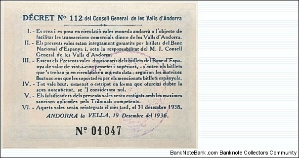 Banknote from Andorra year 1936