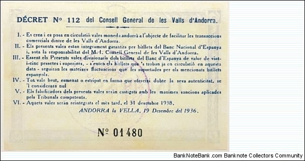 Banknote from Andorra year 1936