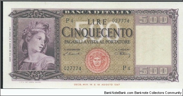 (Reproduction) / 500 Lire / pk (80a) / (20/03/1947) /  Banknote