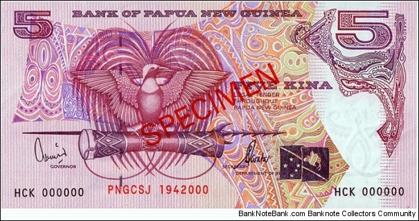 Papua New Guinea N.D. (2000) 5 Kina.

25 Years of the Kina.

Specimen. Banknote