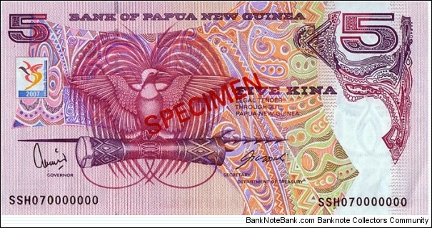 Papua New Guinea 2007 5 Kina.

South Pacific Games.

Specimen. Banknote