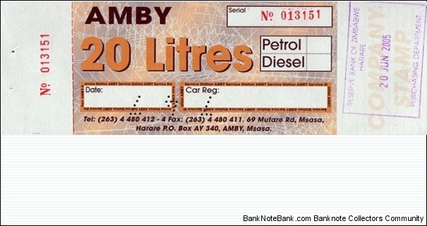 Zimbabwe 2005 20 Litres fuel coupon. Banknote