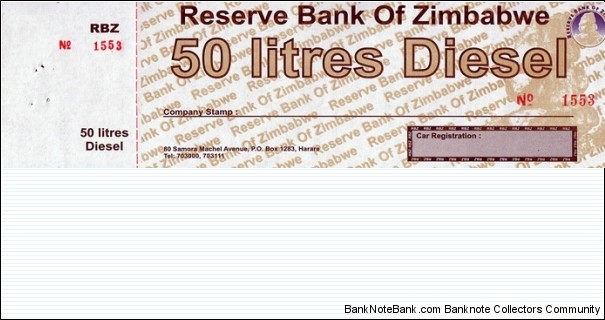 Zimbabwe N.D. (2009) 50 Litres - Diesel fuel coupon. Banknote