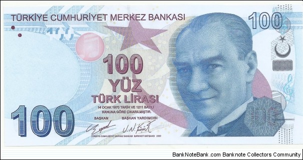 Turkia-BN 100 Türk Lirası 2009(2022) Serie-F Banknote