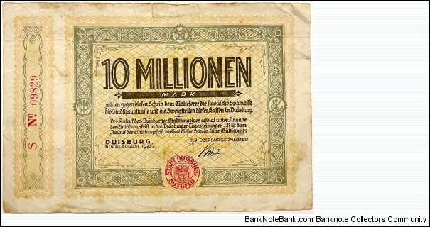 10.000.000 Mark (Duisburg /Westphalia /Ruhr Area - Weimar Republic 1923)  Banknote