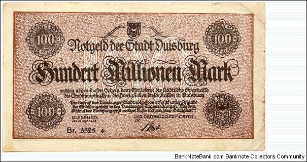 100.000.000 Mark (Duisburg /Westphalia /Ruhr Area - Weimar Republic 1923)  Banknote