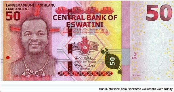 eSwatini 2018 50 Emalangeni.

First issue after Swaziland had its name changed to eSwatini. Banknote