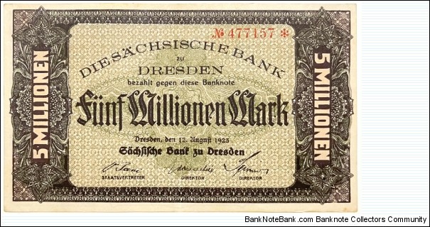 5.000.000 Mark (Regional Issue / Saxony Note Issuing Bank of Dresden / Weimar Republic 1923)  Banknote