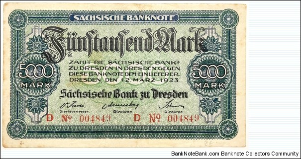 5000 Mark (Regional Issue / Saxony Note Issuing Bank of Dresden / Weimar Republic 1923) Banknote