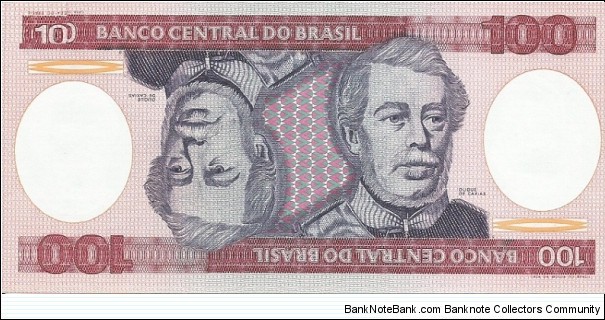 Obverse: Two similar and inverted images of Luís Alves de Lima e Silva, Duque of Caxias (25 August 1803 – 7 May 1880) at center. The first 4 digits of the serial number represent the series number.
Reverse:   Two similar and inverted images of Battle scene of the War of the Triple Alliance (Paraguayan War) at center.  Two similar and inverted images of a sword in center.
First four digits of serial number represent series. Series 4082-8176 (1984) Banknote