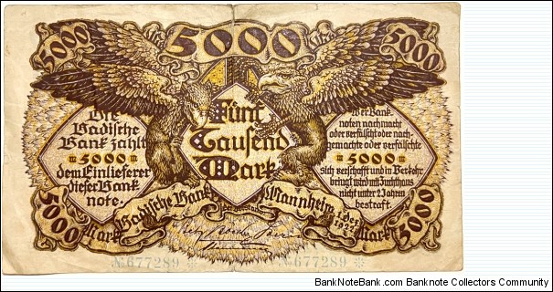 5000 Mark (Regional Issue / Baden Note Issuing Bank - Weimar Republic 1922)  Banknote