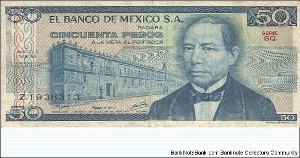 Obverse:  Government palace (Palacio Nacional) located in Mexico City at left. Benito Juárez (1806-1872,  Mexican liberal politician and lawyer who served as the 26th president of Mexico from 1858 until his death in office in 1872. A Zapotec, he was the first president of Mexico of indigenous origin) at right.  Bank title with S. A. Red series letters and black serial number.
Reverse:  Temple of Mitla in background and Zapotec (The Zapotec civilization (Be'ena'a  (Zapotec) 