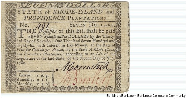 RHODE ISLAND 7 Dollars 1780 Banknote