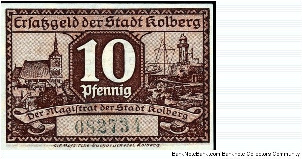10 Pfennig notgeld City of Kolberg (now city in Poland Kołobrzeg) Banknote