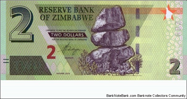 Zimbabwe 2019 2 Dollars. Banknote