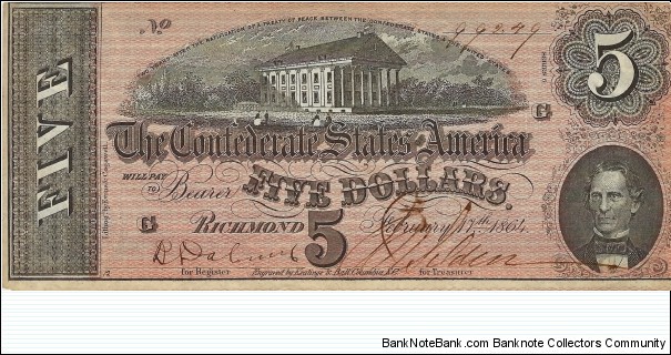 CONFEDERATE STATES OF AMERICA 5 Dollars 1864 Banknote