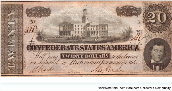 CONFEDERATE STATES OF AMERICA 20 Dollars 1864 Banknote