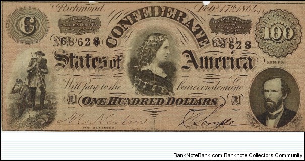 CONFEDERATE STATES OF AMERICA 100 Dollars 1864 Banknote