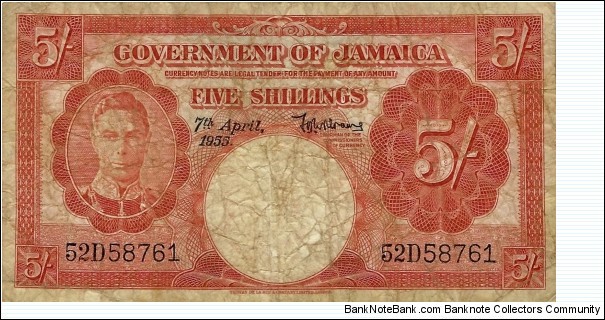 JAMAICA 5 Shillings 1955 Banknote