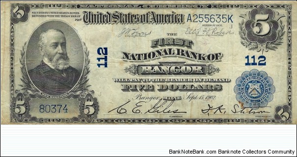 THE FIRST NATIONAL BANK OF BANGOR MAINE 5 Dollars 1902 Banknote