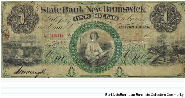 STATE BANK OF NEW BRUNSWICK NJ 1 Dollar 1860 Banknote