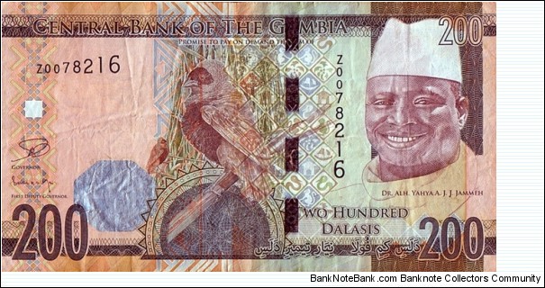 The Gambia N.D. (2015) 200 Dalasis.

Yahya Jammeh.

Replacement note. Banknote