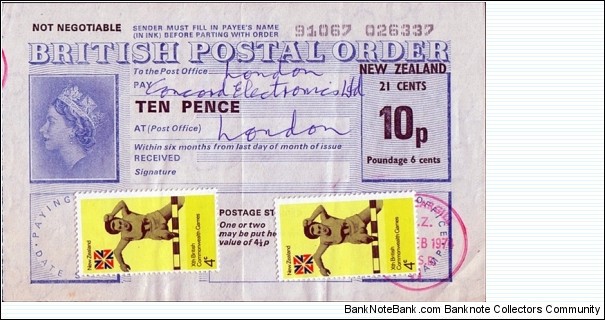 New Zealand 1974 21 Cents on 10 Pence postal order.

Issued at Invercargill. Banknote