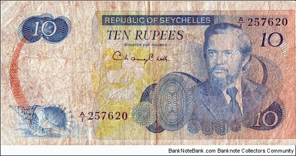 Seychelles N.D. (1976) 10 Rupees.

Sir James Mancham. Banknote
