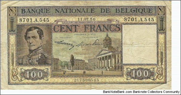 BELGIUM 100 Francs 1950 Banknote