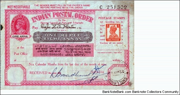 India 1944 1 Rupee & 8 Annas postal order.

Issued at Shillong (Assam). Banknote