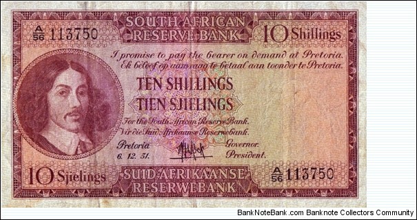 South Africa 1951 10 Shillings.

English on Top type. Banknote