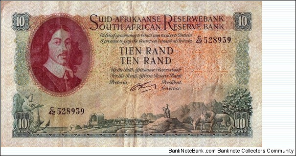 South Africa N.D. (1962-65) 10 Rand.

Afrikaans on Top type. Banknote