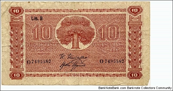 10 Markkaa (Litt.B / kivialho & Aspelund/ 1948)  Banknote