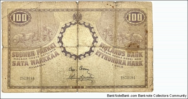 100 Markkaa Kullassa / Gold Mark (Peoples Commissariat Issue / Clas von Collan & Hisinger Jagerskiold signatures / 1918 issue) Banknote