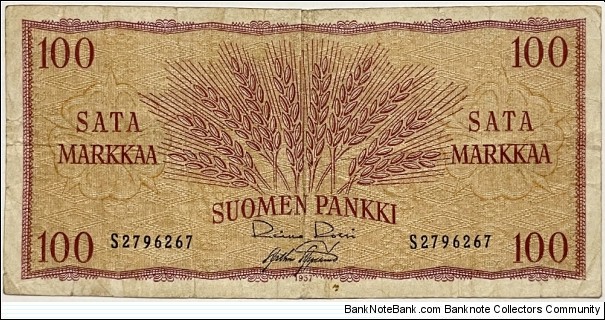 100 Markkaa (Rossi & Aspelund signatures) Banknote