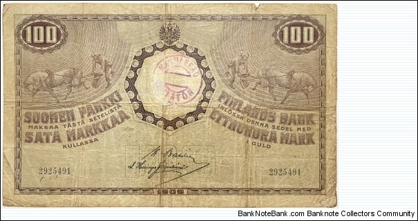 100 Markkaa Kullassa / Gold Mark (Peoples Commissariat Issue / Basilier & Hisinger Jagerskiold signatures / OverStamped / 1918 issue) Banknote