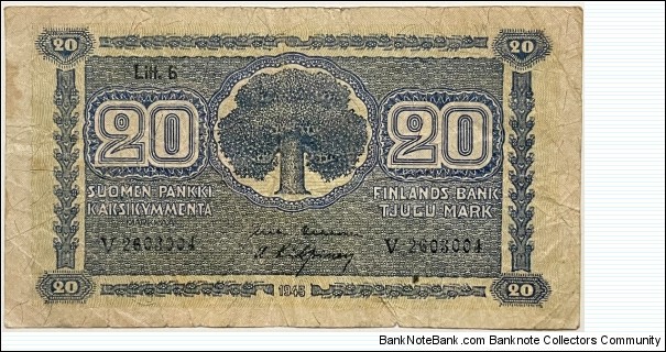 20 Markkaa (Litt.B / kekkonen & kilpinen/ 1948) Banknote