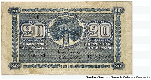 20 Markkaa (Litt.B / Tuomioja & Carpelan/ 1948) Banknote