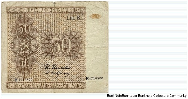 50 Markkaa (Litt.B / Kivialho & kilpinen / 1948 issue) Banknote