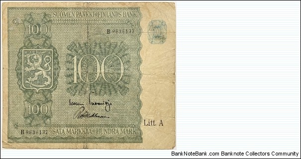 100 Markkaa (Litt.A / Tuomioja & Wahlman / 1946 Issue) Banknote