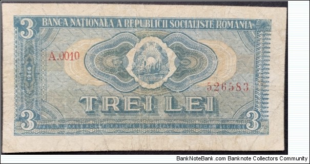 3 lei 1966 F+
Serie A.0010, fara gauri, doar rupturi sub 1mm pe margini. Banknote