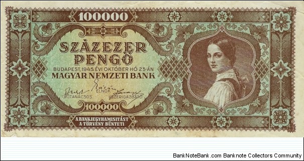 HUNGARY 100,000 Pengo  Banknote