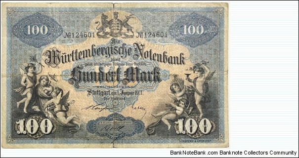 100 Mark (Regional Issue / Wurttemberg Note Issuing Bank / German Empire 1911)  Banknote