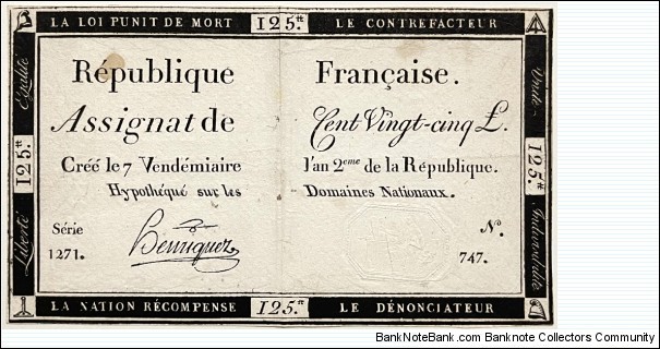 125 Livres (French Revolution / National Constituent Assembly - Assignat 1793)  Banknote