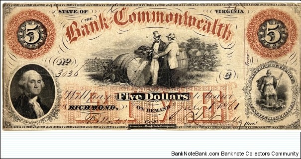 5 Dollars (Regional issue - State of Virginia / Bank of the Commonwealth) Banknote