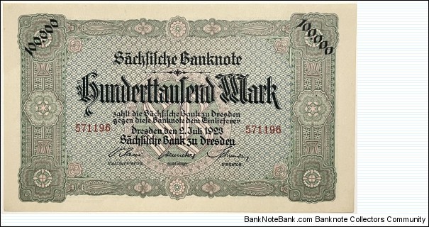 100.000 Mark (Regional Issue / Saxony Note Issuing Bank of Dresden / Weimar Republic 1923)  Banknote