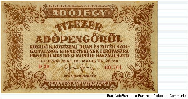 HUNGARY 10,000 Adopengo 1946 Banknote